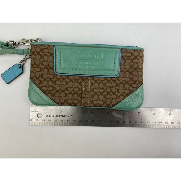 VTG Coach Wristlet Wallet Monogram Brown Canvas Teal Patent Leather Classic - Picture 8 of 9